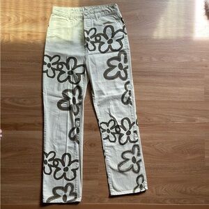 High-Rise Floral Print Women's Jeans - Cream with Brown Flowers